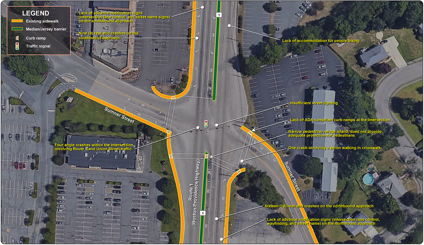 Figure 23
Route 1 at Sumner Street: Problems
Figure 23 is an aerial photo showing the interchange of Route 1 at Sumner Street and the problems at this location.
Figure 23
Route 1 at Sumner Street: Problems
Figure 23 is an aerial photo showing the interchange of Route 1 at Sumner Street and the problems at this location.